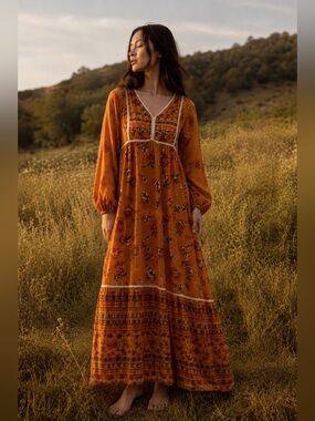 Catch Stitch Vintage-Inspired Bohemian Floral V-Neck Maxi Dress - Size M - NWT